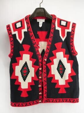 Vintage Amazonias Women's Med Black Red White Geometric Sleeveless Cardigan Hand